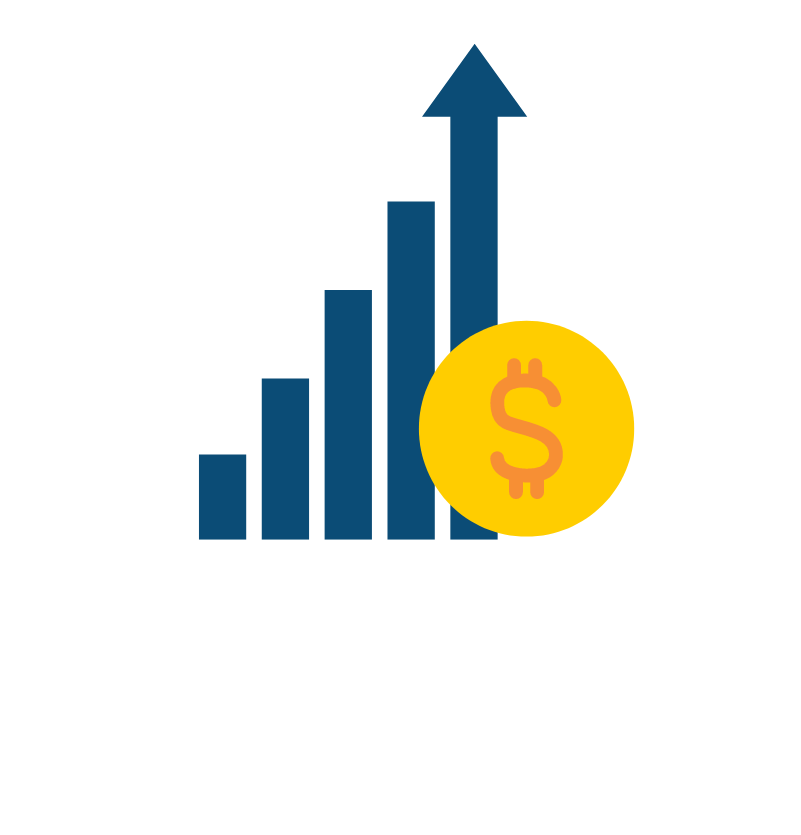 An icon with bars representing the stock market get increasingly taller as they move from left to right and end with an upward arrow. A yellow coin with a dollar sign are in the foreground.