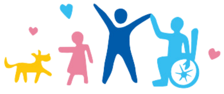A yellow dog, pink person, dark blue person, and turquoise person using a wheelchair are all in a line with hands lifted up in a celebratory motion. There are hearts floating around them.