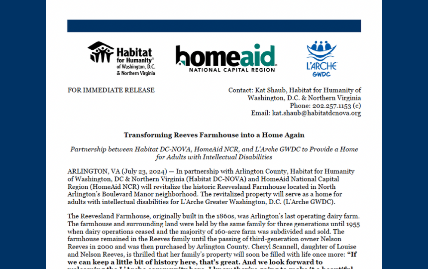 Screenshot of Press Release including Habitat DC-NOVA, HomeAid NCR, and L'Arche GWDC logos