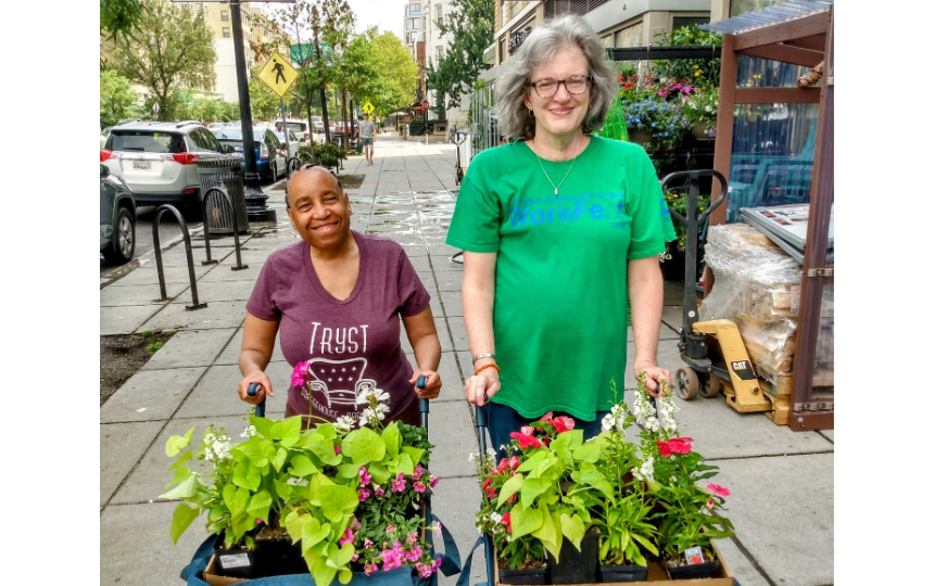 ID: Eileen and Lisa walking home from Ace Hardware in Adams Morgan with lots of plants and flowers in their shopping carts. Both of them are smiling big and created a beautiful front garden for Ontario.