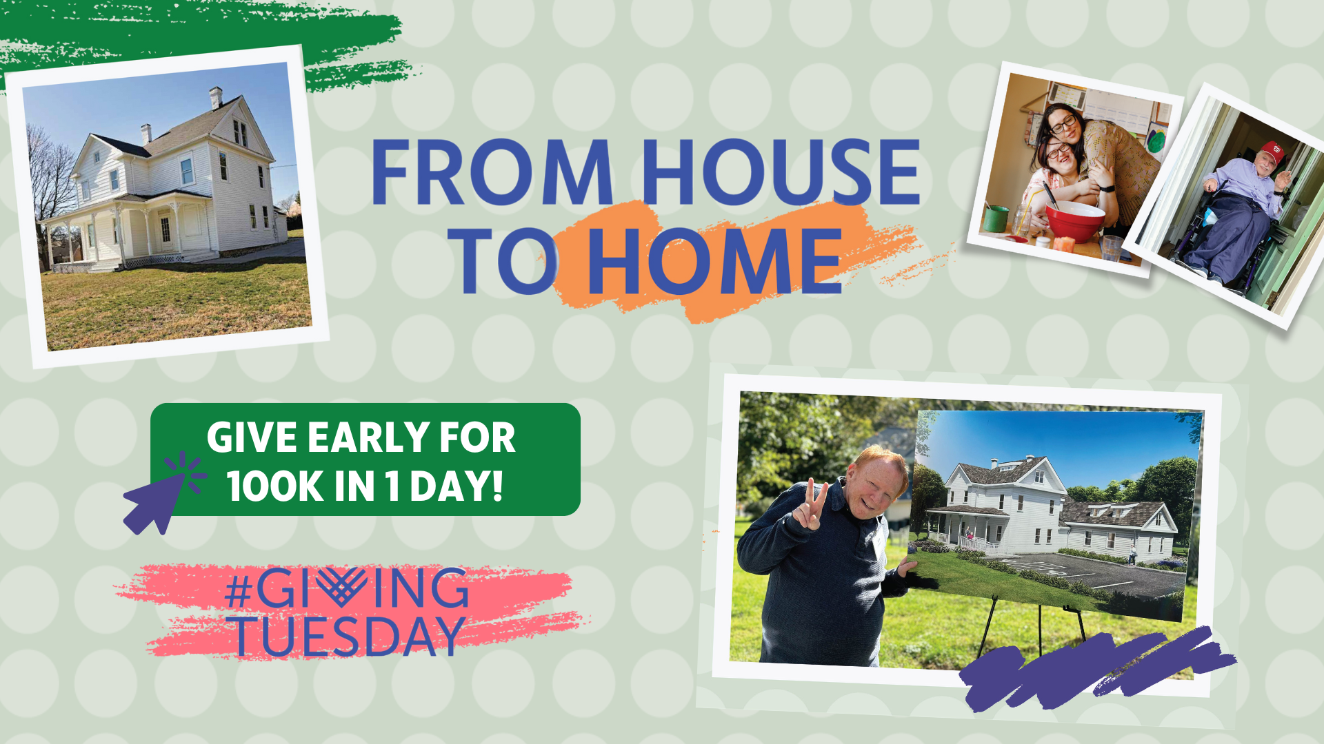 From House to Home and Giving Tuesday logo. Click the banner to give early for 100k in 1 day! Photo of new L'Arche home, the farmhouse as it currently stands. Photo of Eric posing with a rendering of the new Farmhouse.