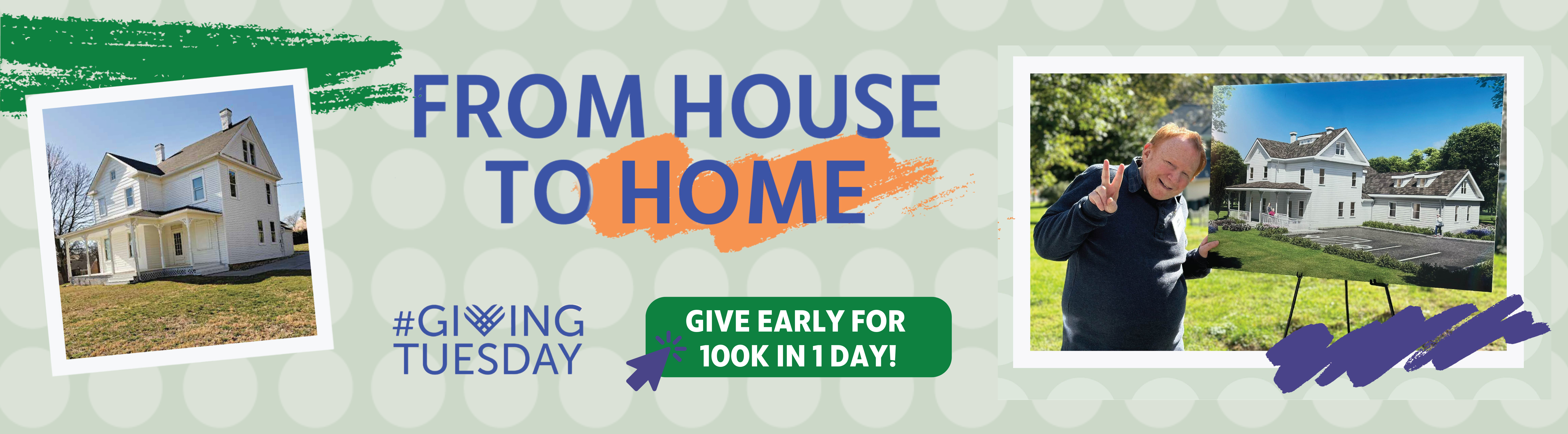 From House to Home and Giving Tuesday logo. Click the banner to give early for 100k in 1 day! Photo of new L'Arche home, the farmhouse as it currently stands. Photo of Eric posing with a rendering of the new Farmhouse.