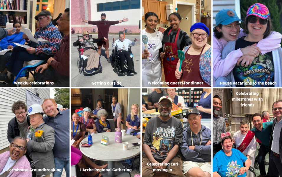 A grid of eight photos from 2024. The images are of people on the L'Arche GWDC community celebrating events, having conversations, and enjoying one another's company.