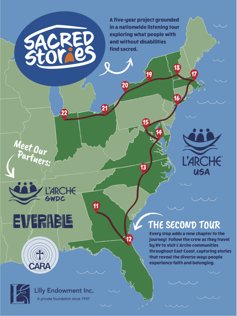 A map of the east coast listening tour for the Sacred Stories Project.