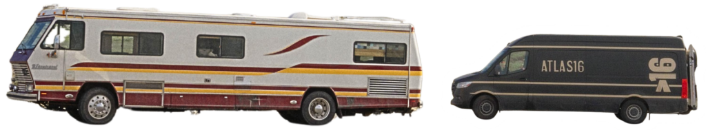 The 37 foot old-school RV and black Atlas 16 Everable sprinter van.